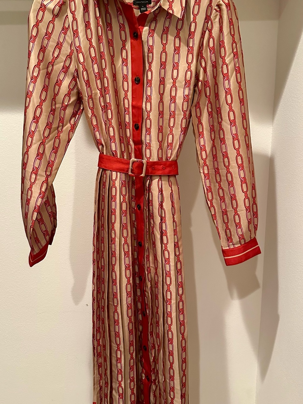 Ann Taylor Red Chain-Print Long Sleeve Shirt Dress